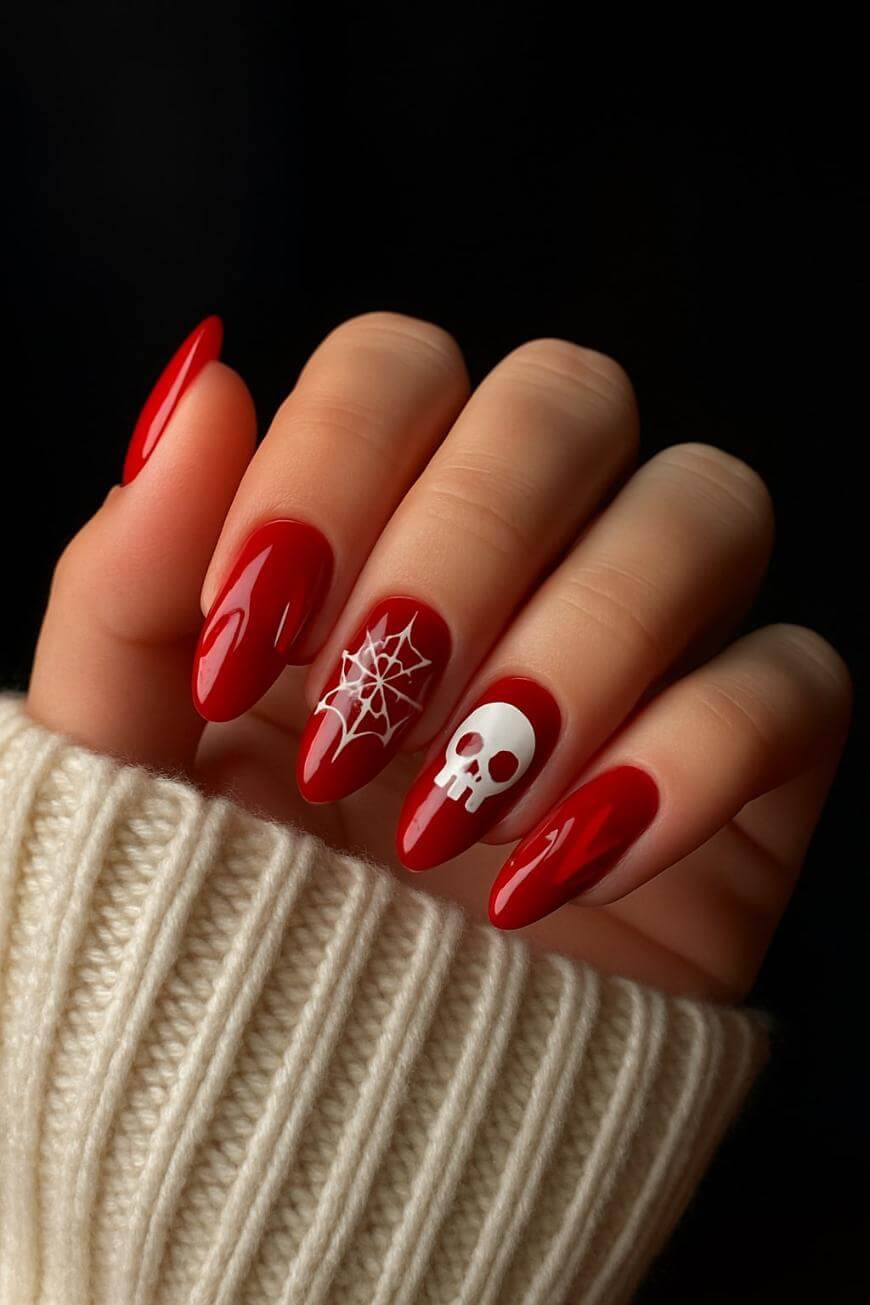 Red Mirror Skull and Web Long Almond Nails Red Mirror Skull and Web Long Almond Nails — Cute Skull Nails