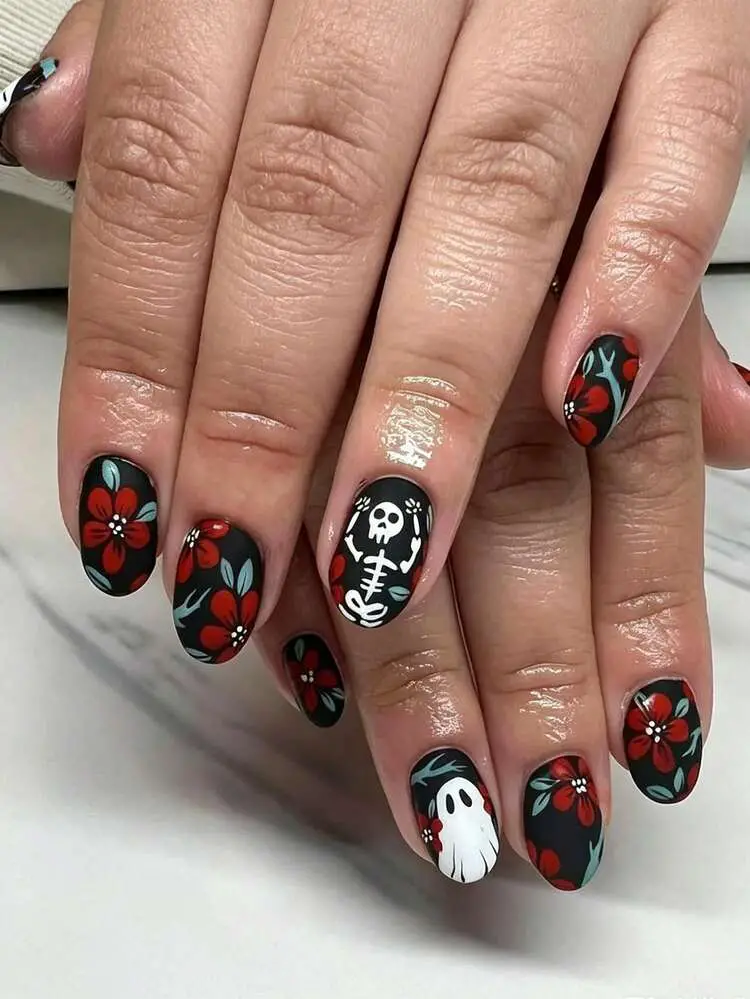 Skeleton and Ghost Black Almond Medium Nails Skeleton and Ghost Black Almond Medium Nails — Cute Skull Nails