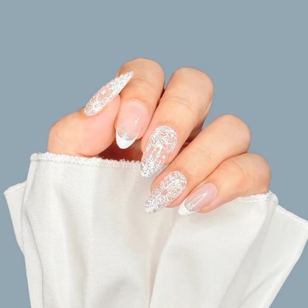 Medium Almond White Lace French Nails, миндаль Medium Almond White Lace French Nails, миндаль — Cute White Nails
