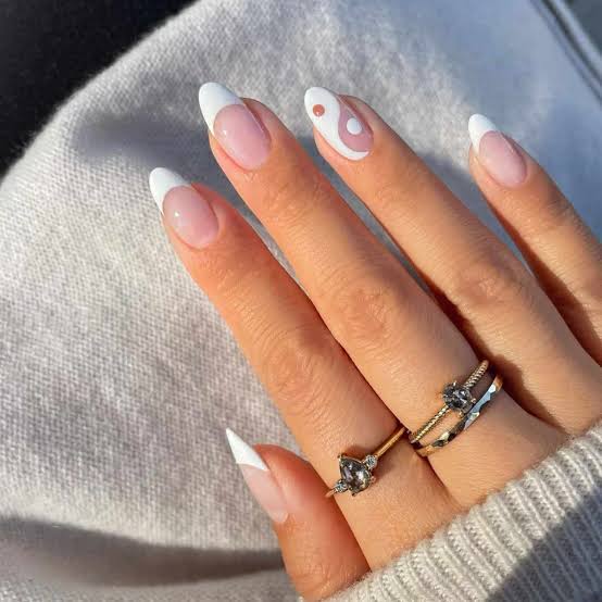 Medium Almond White Yin Yang French Nails Medium Almond White Yin Yang French Nails — Cute White Nails
