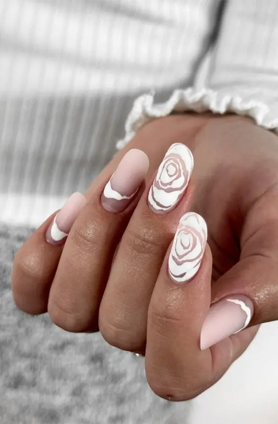 Almond Matte Pink White Rose Design Nails Almond Matte Pink White Rose Design Nails — Cute White Nails