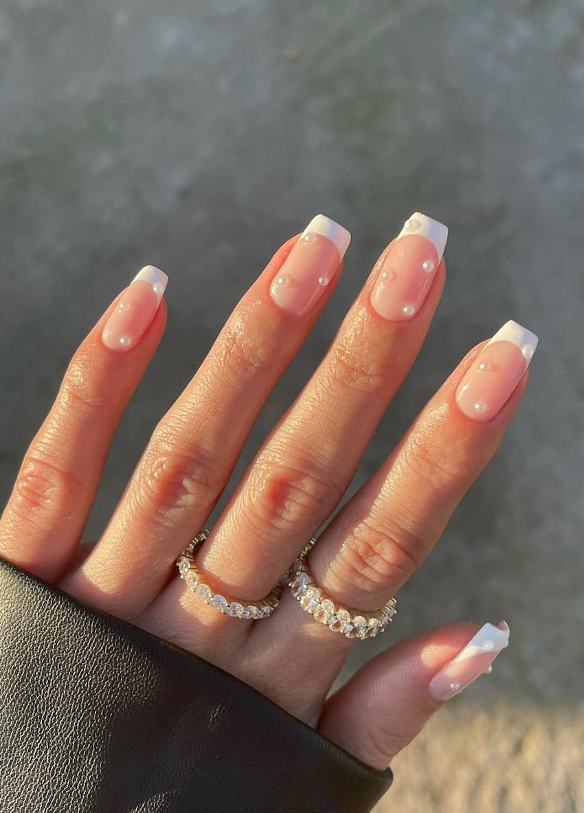 Short Square White French Pearl Accent Nails Short Square White French Pearl Accent Nails — Cute White Nails