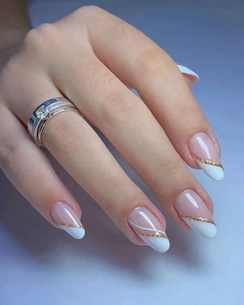 Medium Almond White Glitter Line French Nails Medium Almond White Glitter Line French Nails — Cute White Nails