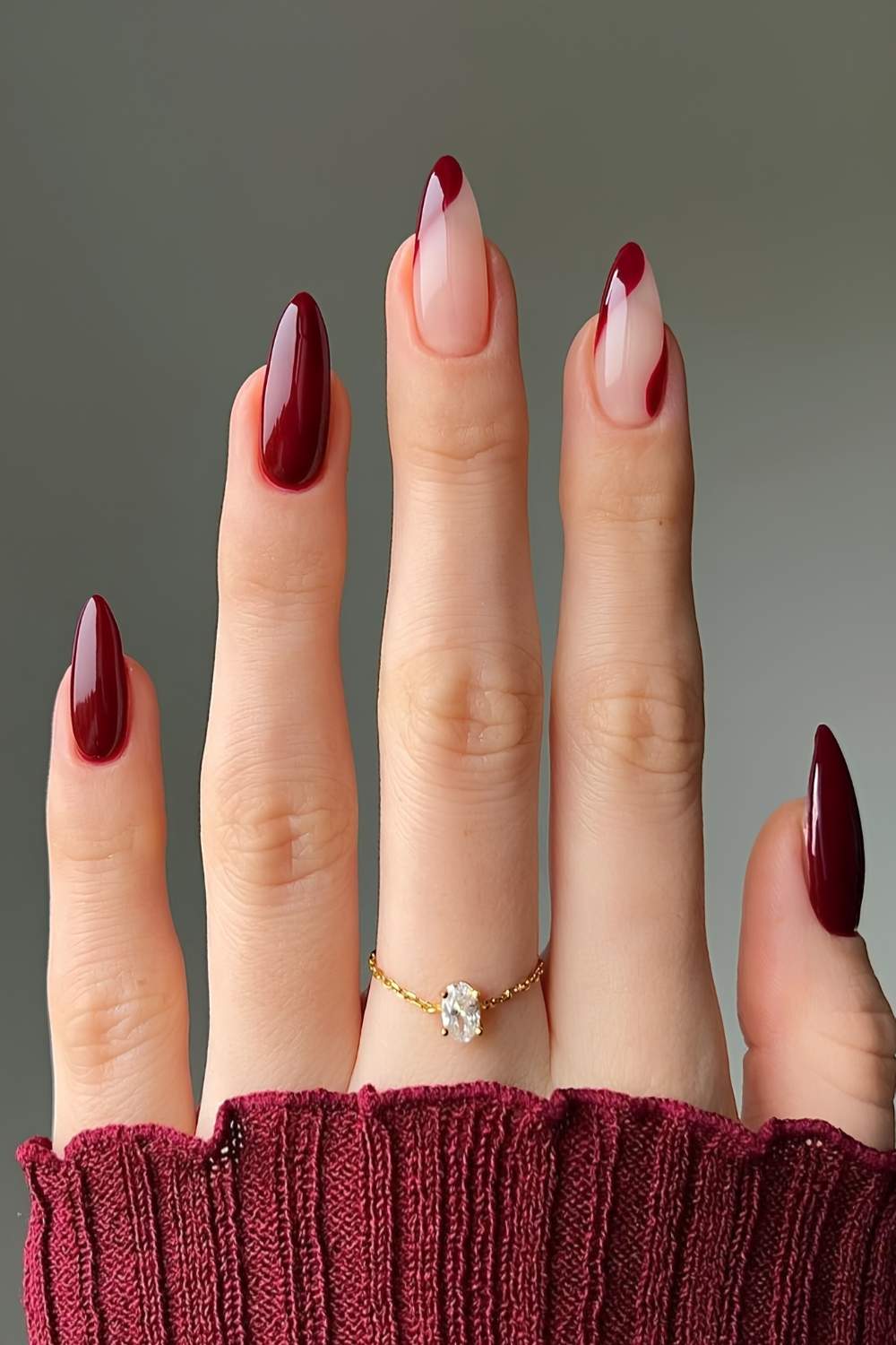 Medium Almond Burgundy French Gold Line Medium Almond Burgundy French Gold Line — Cute Wine Nails