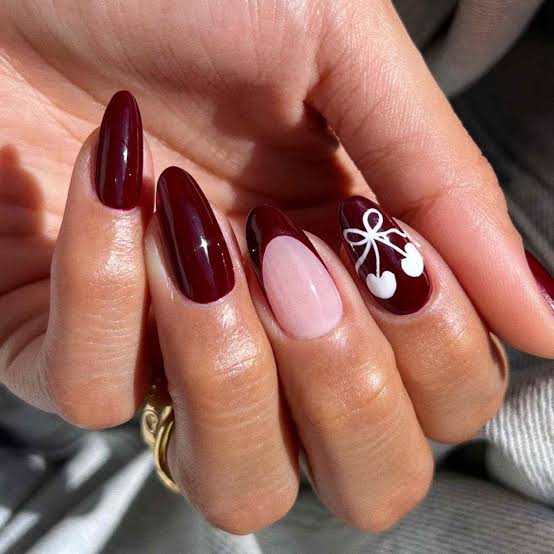 Medium Almond Burgundy Cherry Design Medium Almond Burgundy Cherry Design — Cute Wine Nails