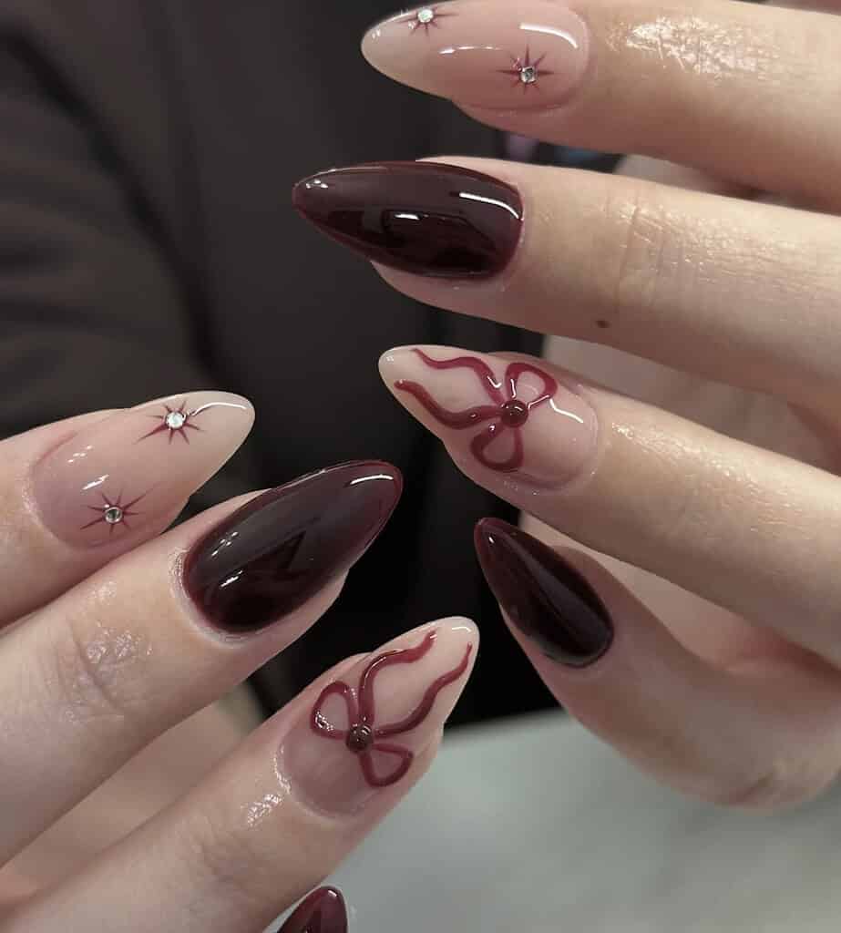 Medium Almond Burgundy Bow Rhinestone Nails Medium Almond Burgundy Bow Rhinestone Nails — Cute Wine Nails