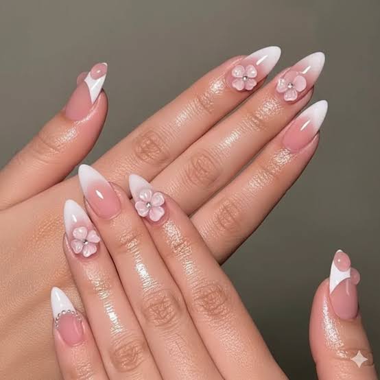 Sheer Pink Almond Nails with 3D Flower Cuticle Accents — Easy 3D Nails