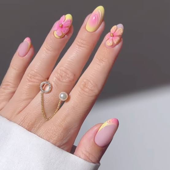Long Almond French Nails with 3D Pink Flower — Easy 3D Nails