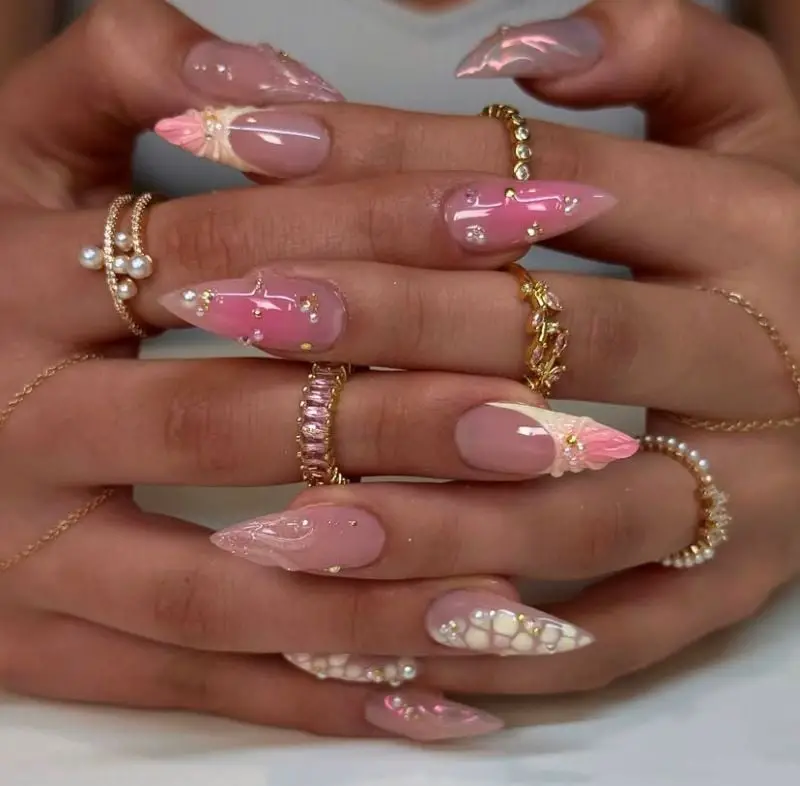 Long Stiletto Nails with 3D Pearls and Flowers — Easy 3D Nails