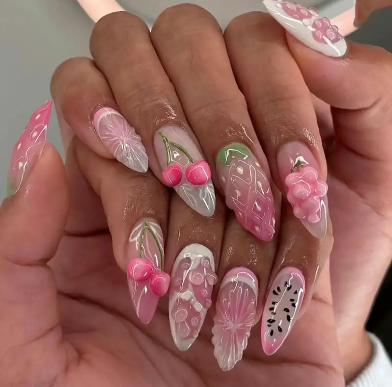 Long Stiletto Nails with 3D Fruit Embellishments — Easy 3D Nails