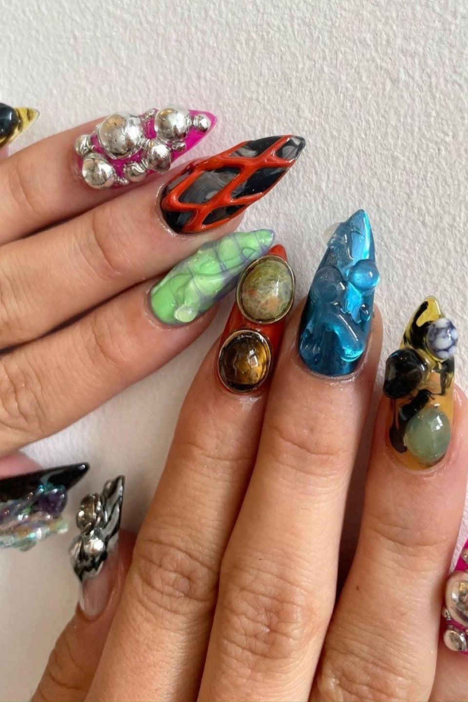 Long Sharp Nails with Multi-dimensional Designs — Easy 3D Nails