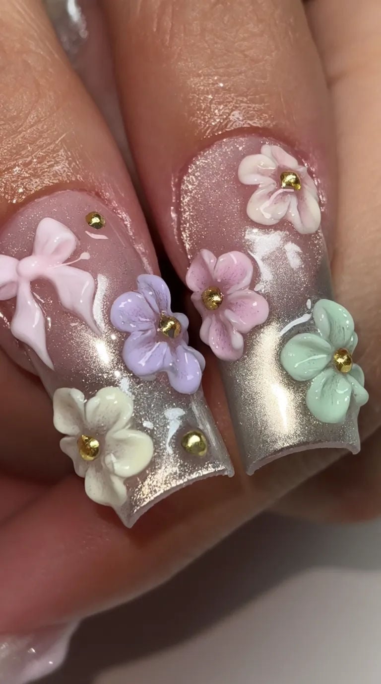 Long Square Nails with 3D Pastel Flowers and Bows — Easy 3D Nails