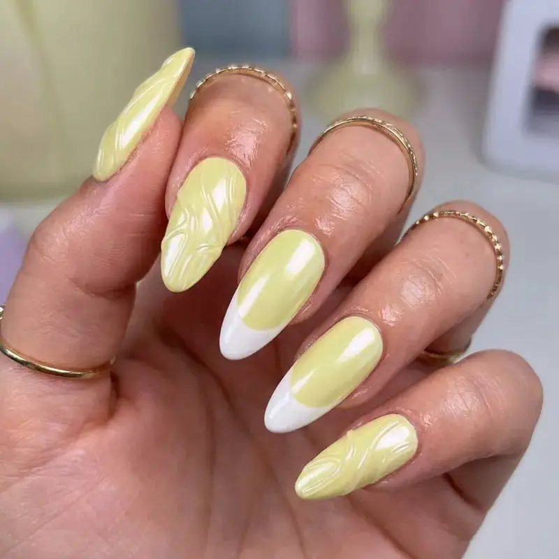 Pastel Yellow Almond Nails with Textured French — Easy 3D Nails