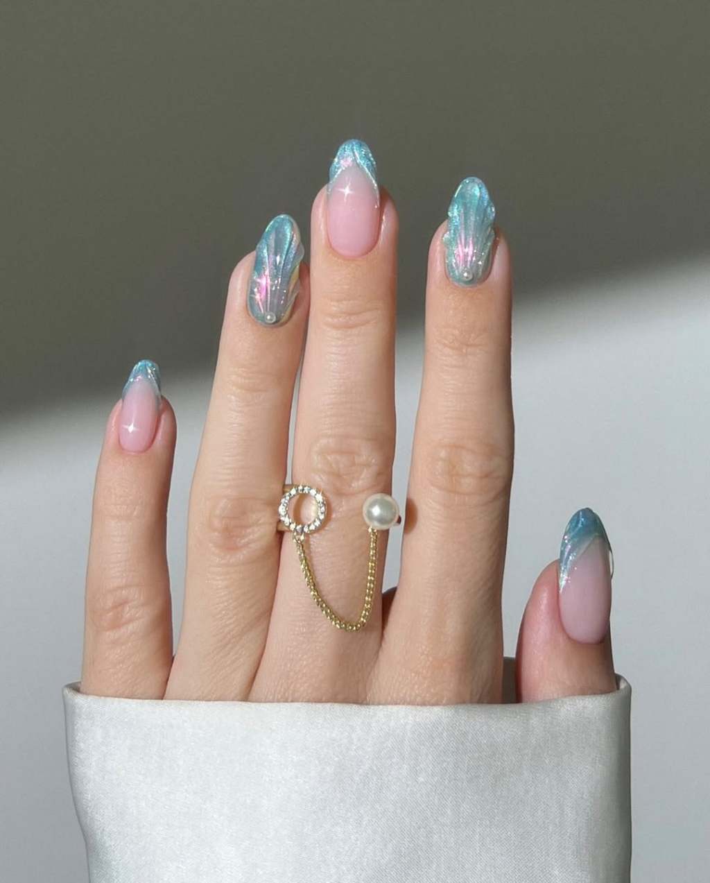 Almond Nails with Iridescent Blue Ombre French Tips — Easy 3D Nails
