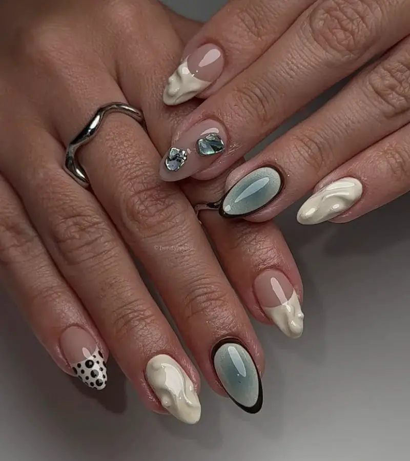 Oval Nails with 3D Drops and Cat Eye Accents — Easy 3D Nails