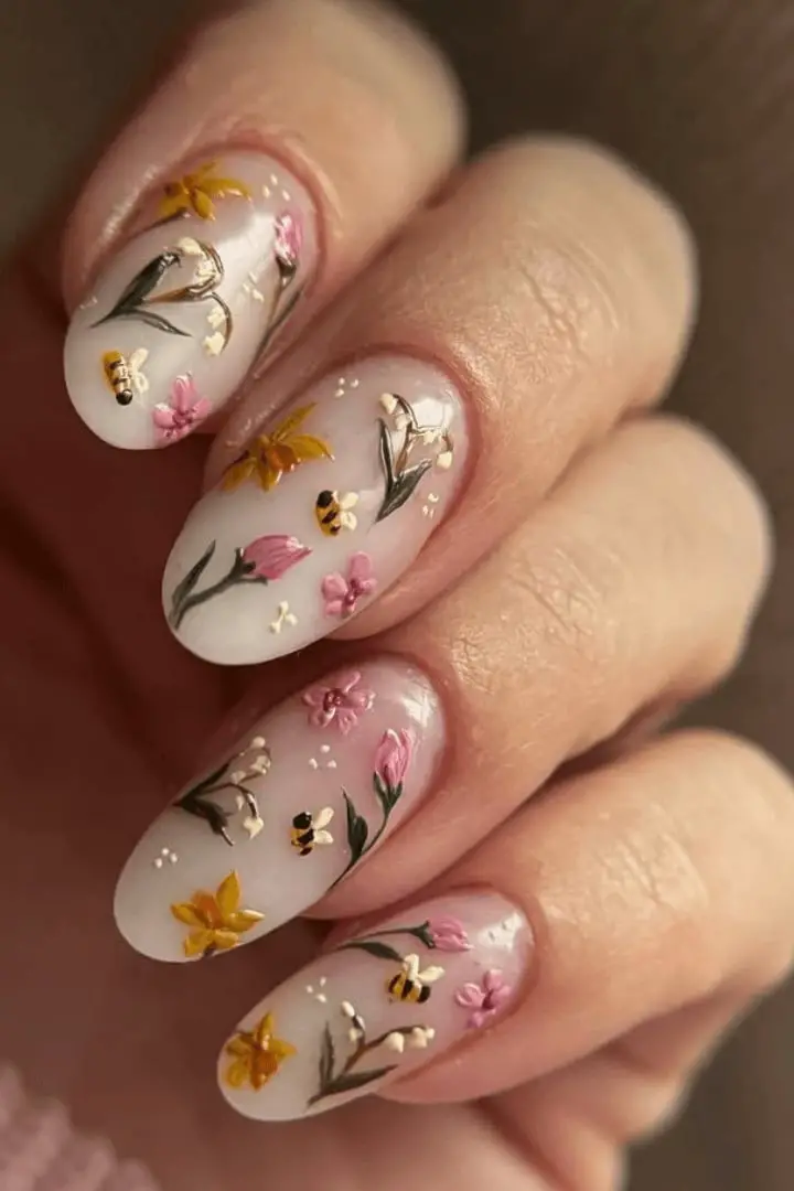 Sheer White Almond Nails with 3D Flowers and Bees — Easy 3D Nails
