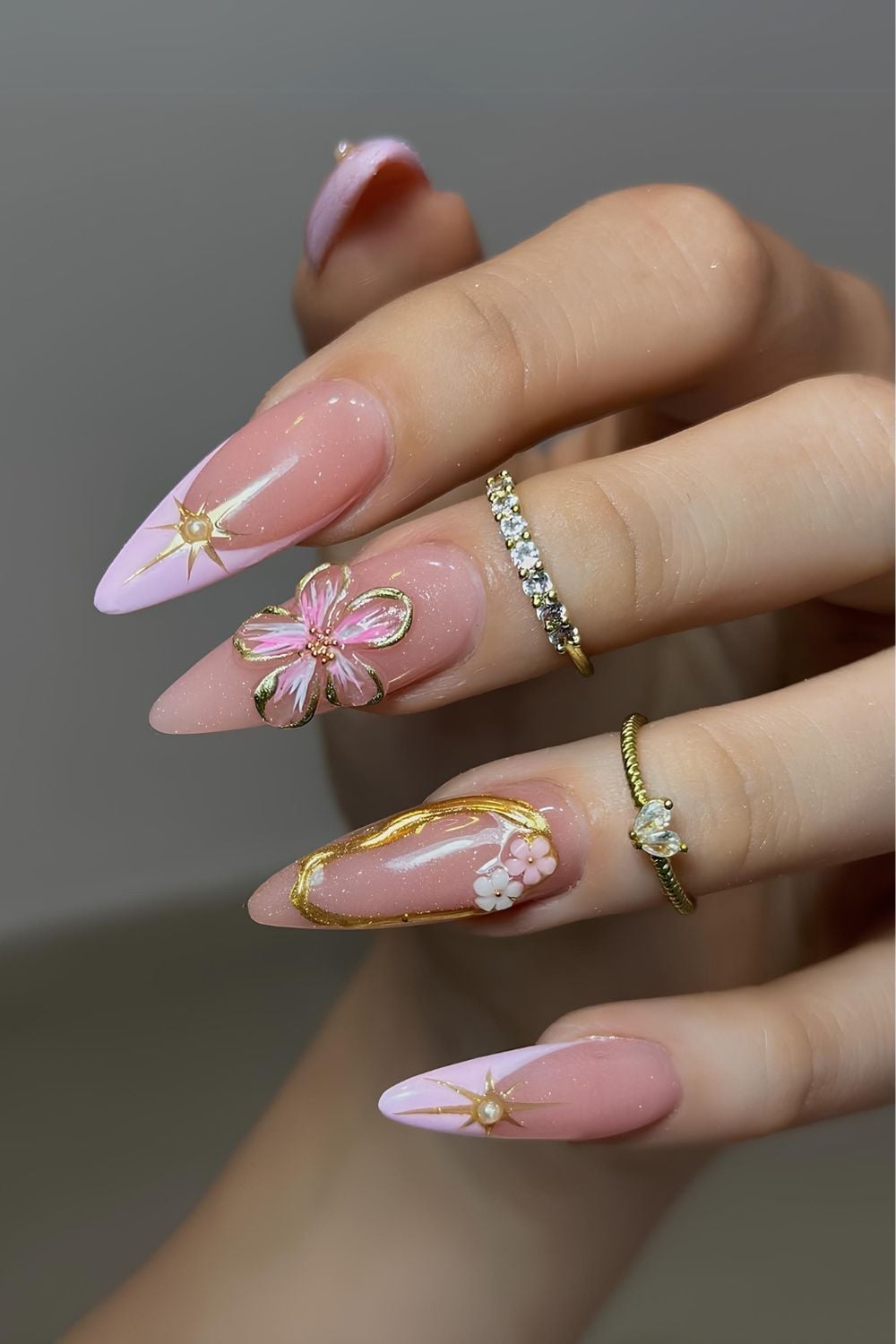 Long Stiletto Pink French Nails with 3D Flowers — Easy 3D Nails