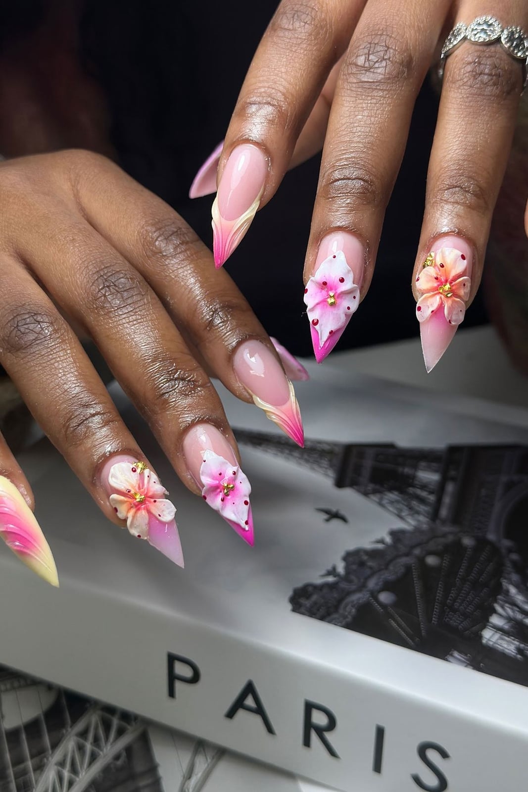 Long Sharp Nails with Pink White Gradient and 3D Flowers — Easy 3D Nails