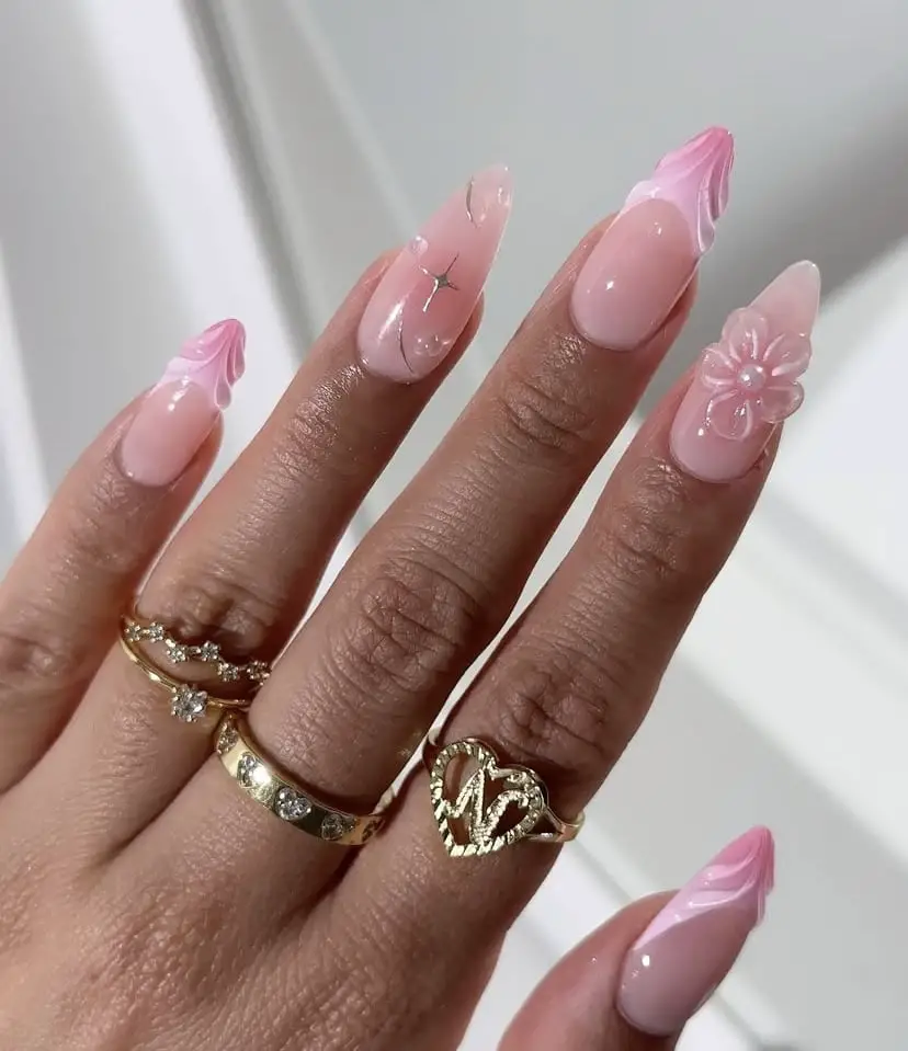 Medium Almond Nails with 3D Flowers and Bees — Easy 3D Nails