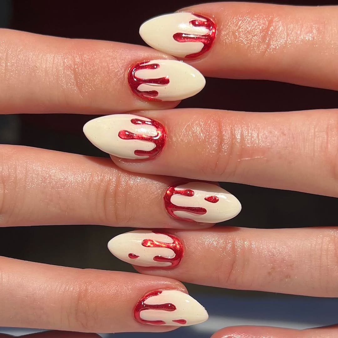 Off-White With Dripping Metallic Red — Easy Nail Art Inspo