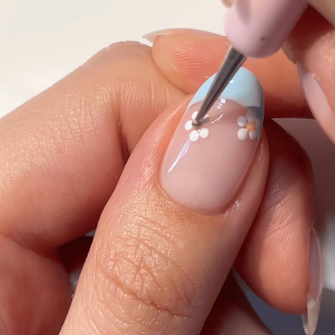 Short Square Pink With Blue French Flowers — Easy Nail Art Inspo