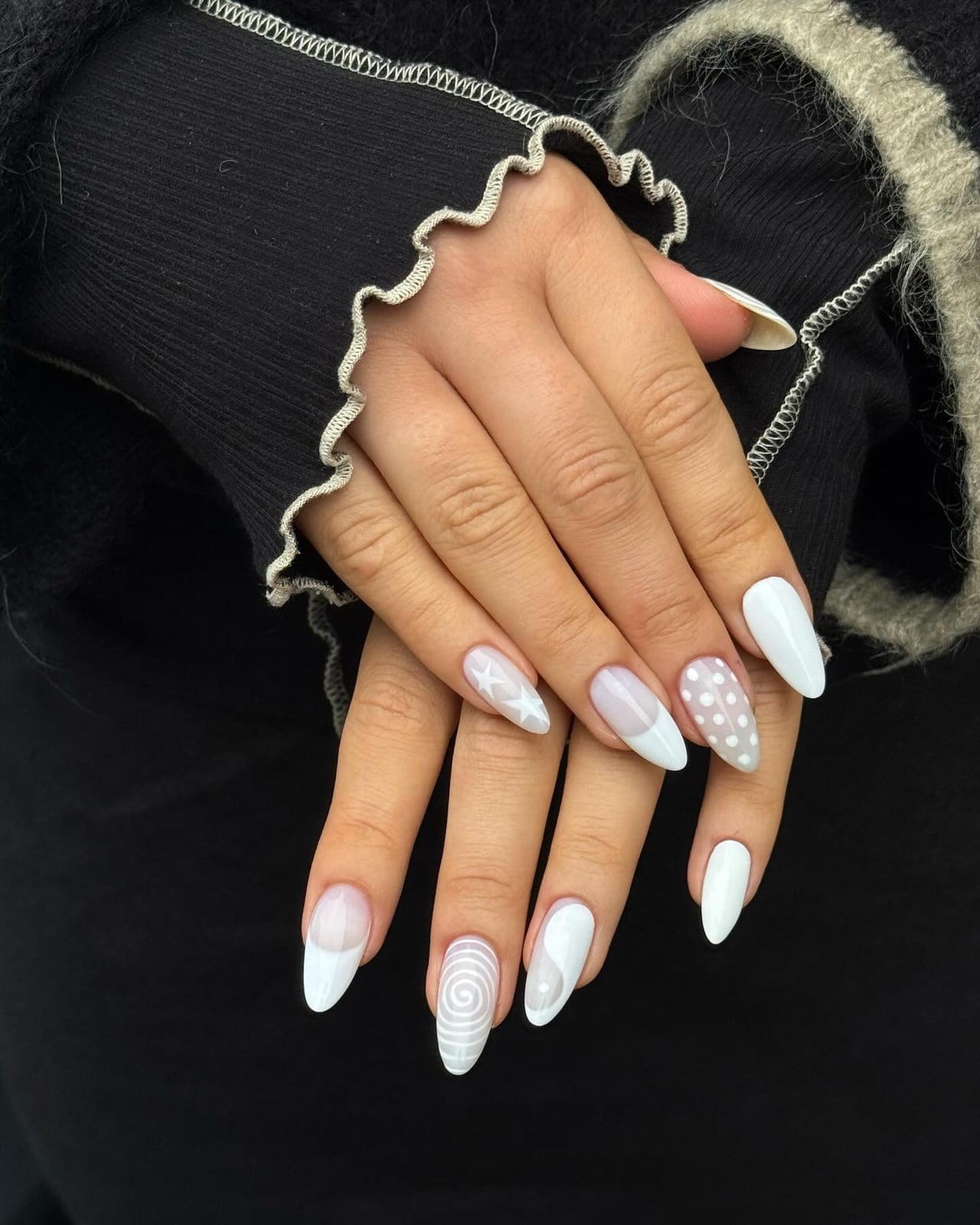 Short Almond With White Accents — Easy Nail Art Inspo
