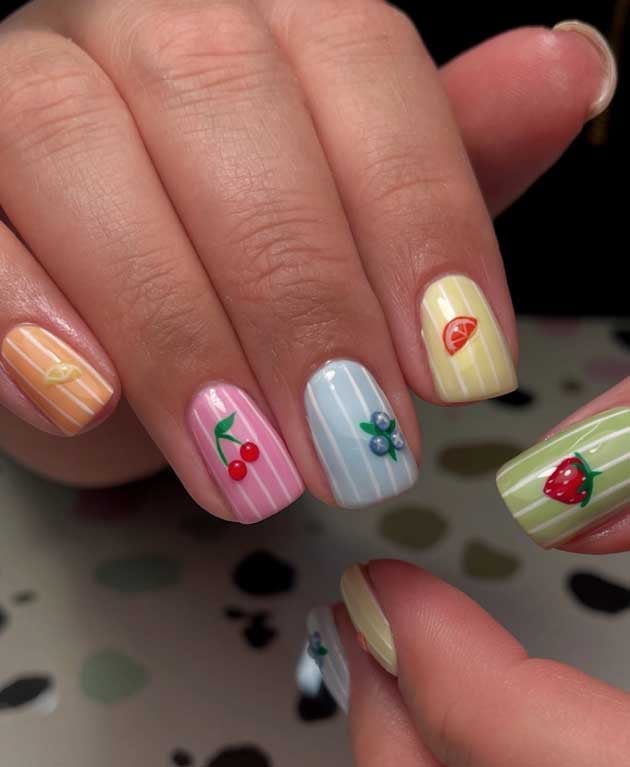 Short Square Fruit Art With Pastel Stripes — Easy Nail Art Inspo