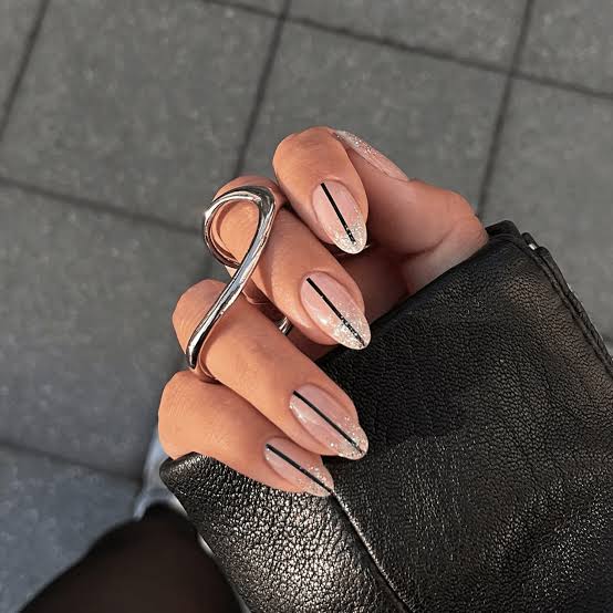 Sheer Nude With Black Lines And Glitter — Easy Nail Art Inspo