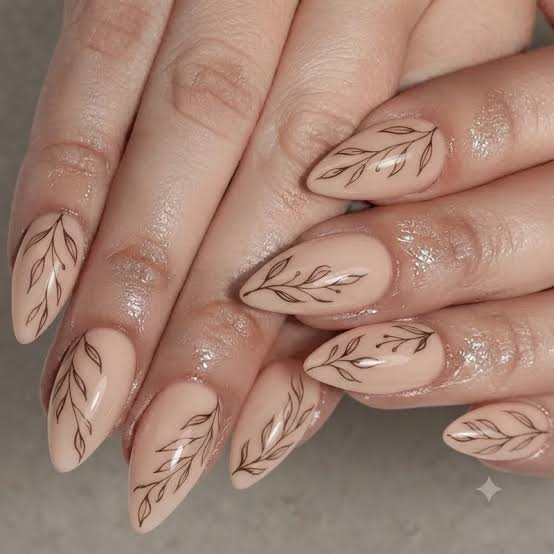 Nude With Thin Black Branch Line Art — Easy Nail Art Inspo
