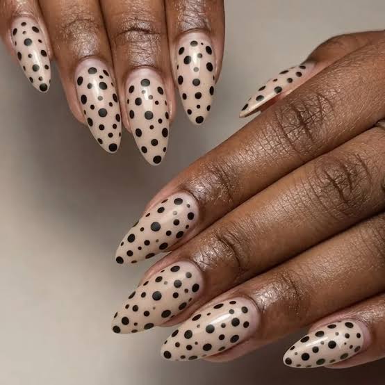 Medium Almond Beige Nude With Black Polka Dots — Easy Nail Art Inspo