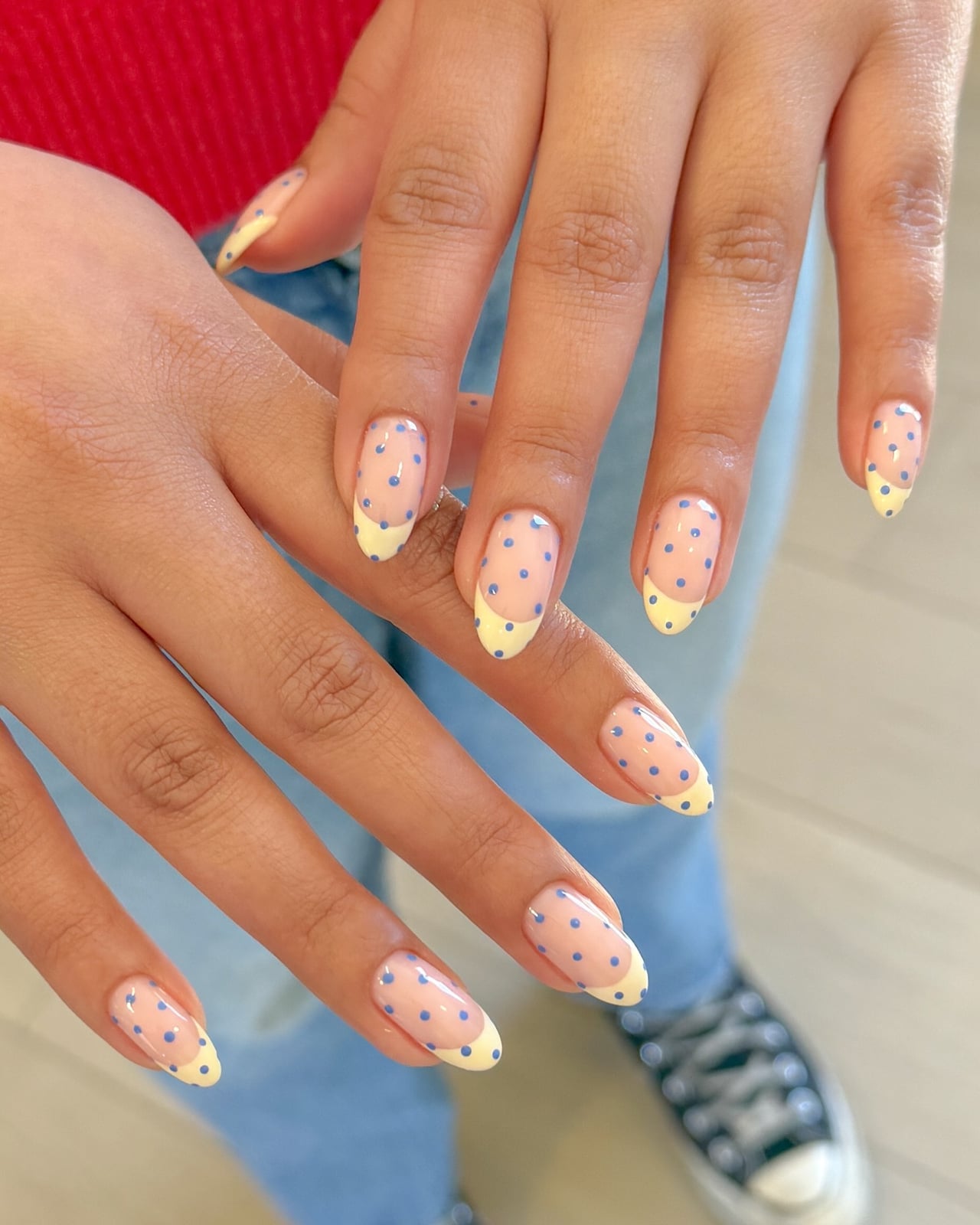 Medium Almond Yellow French With Blue Dots — Easy Nail Art Inspo