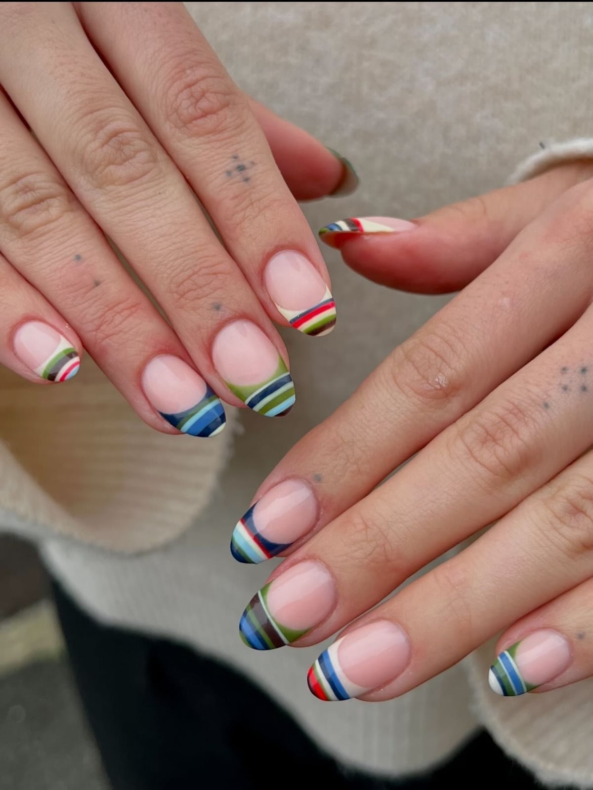 Medium Almond Colorful Striped French Tips — Easy Nail Art Inspo