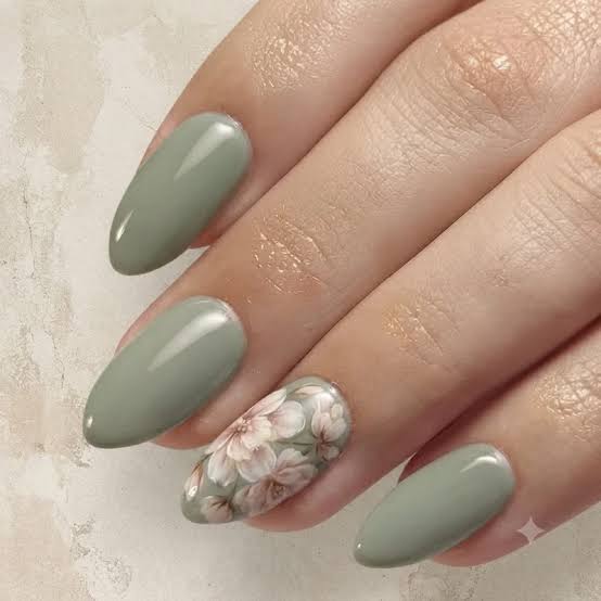 Medium Oval Sage Green With Floral Accent — Easy Nail Art Inspo