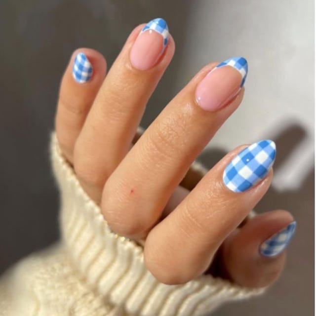 Medium Almond Gingham Pattern French Tips — Easy Nail Art Inspo