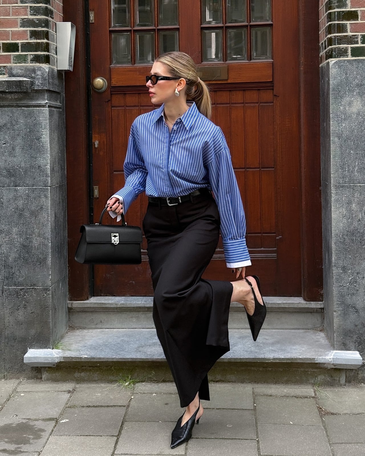 Striped Oversized Shirt With Black Maxi Skirt — Elegant Black Maxi Skirt Outfit