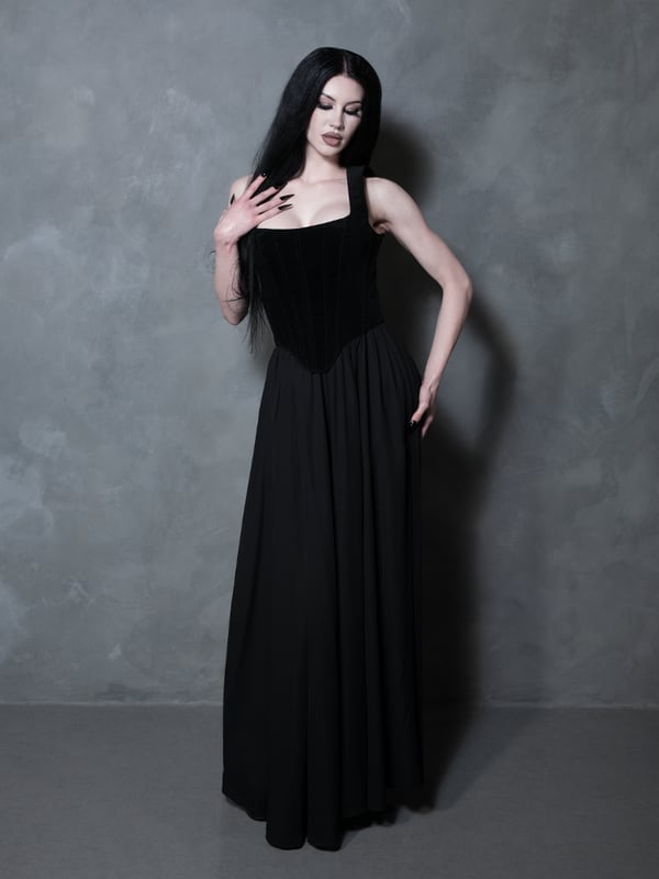 Velvet Corset Top With Chiffon Maxi Skirt — Elegant Black Maxi Skirt Outfit