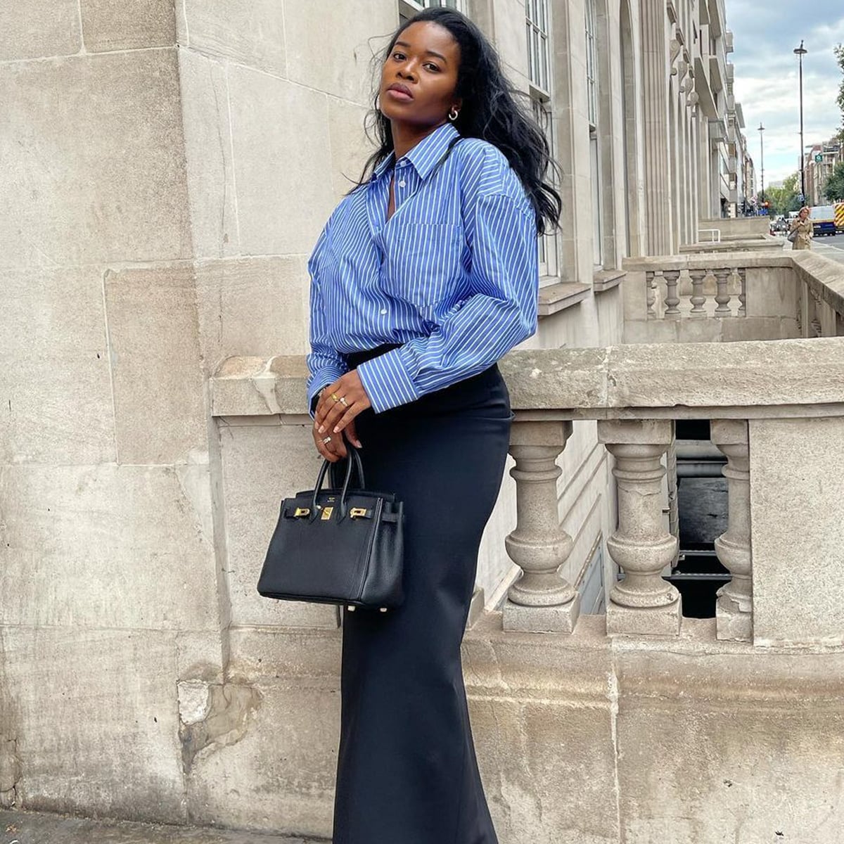 Striped Button-Down Shirt With Satin Black Maxi Skirt — Elegant Black Maxi Skirt Outfit