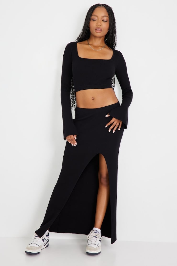 Crop Top With Black Maxi Skirt With High Slit — Elegant Black Maxi Skirt Outfit