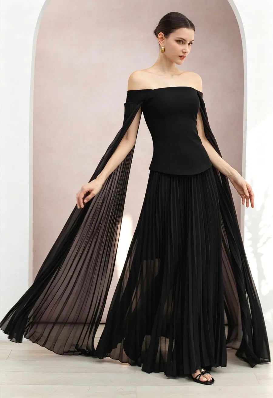 Off-the-Shoulder Top With Pleated Chiffon Maxi Skirt — Elegant Black Maxi Skirt Outfit