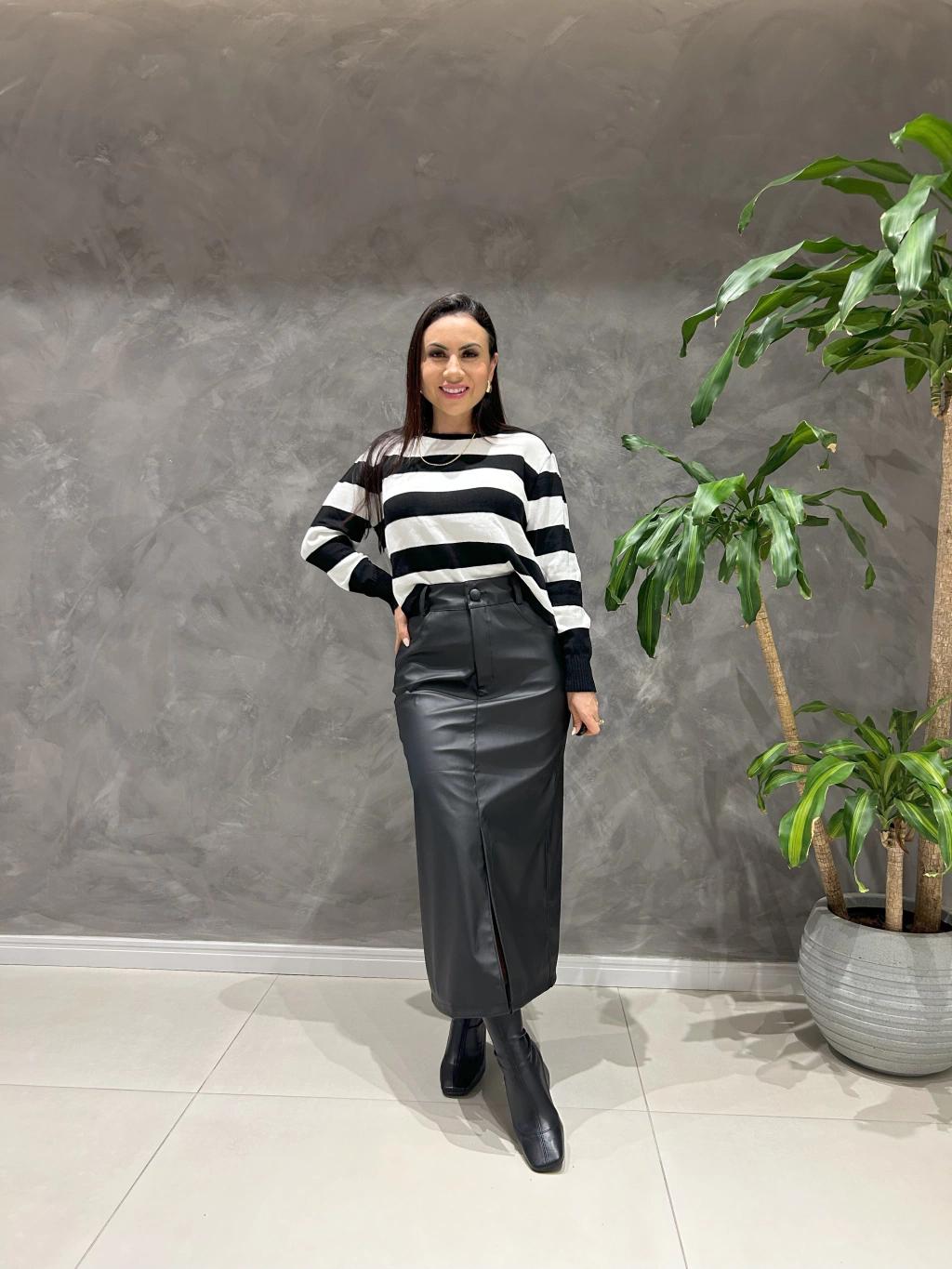 Striped Sweater With Leather Pencil Black Maxi Skirt — Elegant Black Maxi Skirt Outfit