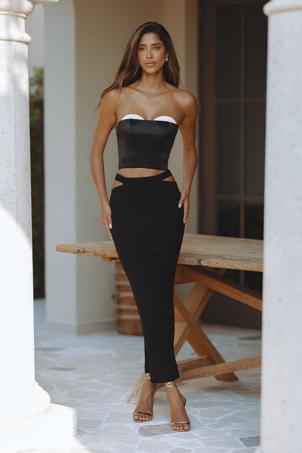Strapless Corset Top With Cut-Out Black Maxi Skirt — Elegant Black Maxi Skirt Outfit