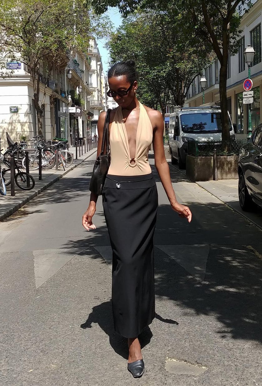 Halter Top With Black Maxi Skirt On Parisian Street — Elegant Black Maxi Skirt Outfit