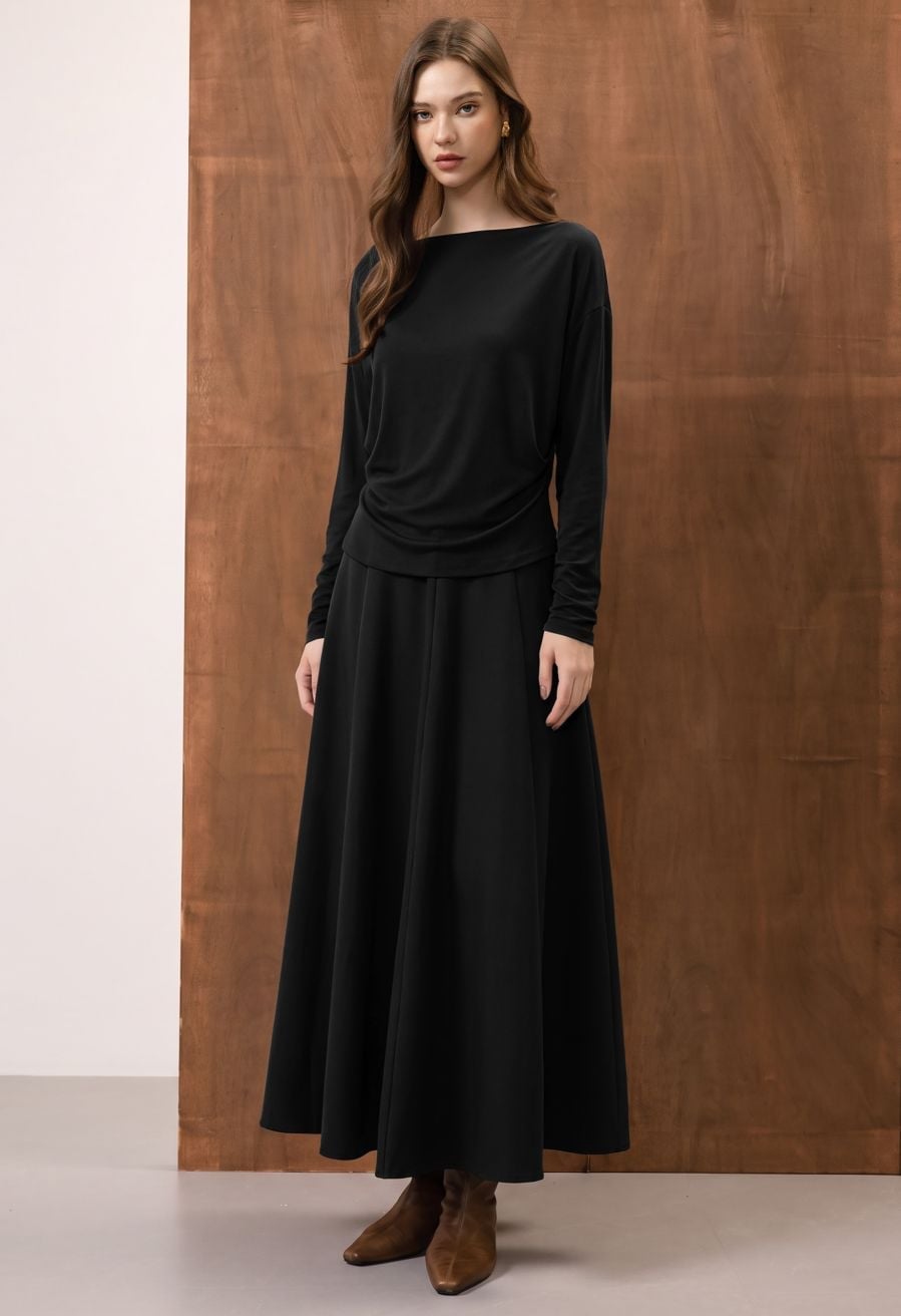 Boat-Neck Top With Panel-Pleated Black Maxi Skirt — Elegant Black Maxi Skirt Outfit