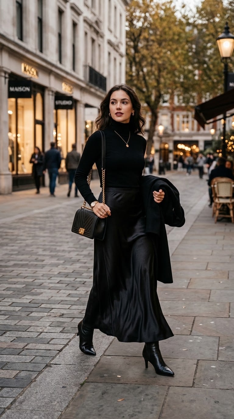 Satin Maxi Skirt With Turtleneck And Blazer — Elegant Black Maxi Skirt Outfit