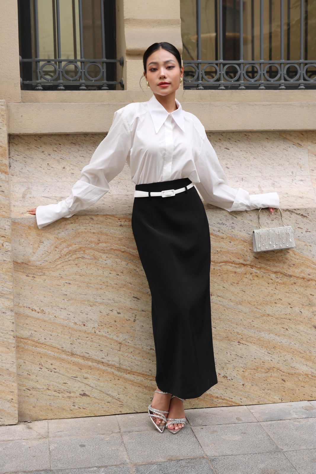 White Button-Down Shirt With Black Straight Maxi Skirt — Elegant Black Maxi Skirt Outfit