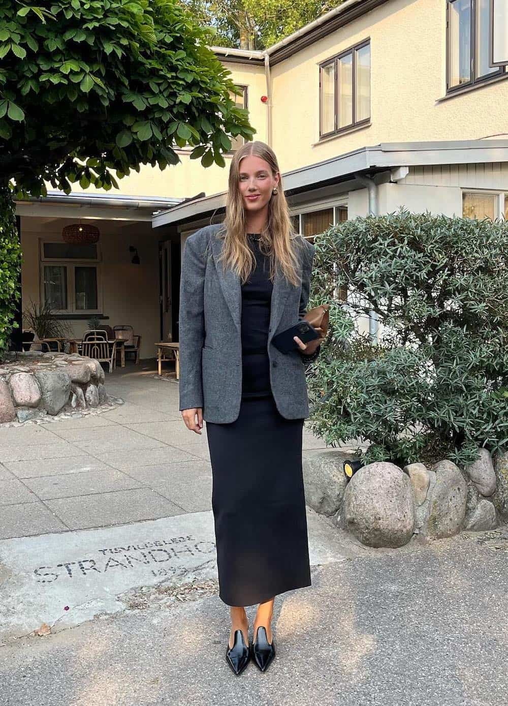 Gray Blazer With Black Maxi Skirt And Top — Elegant Black Maxi Skirt Outfit