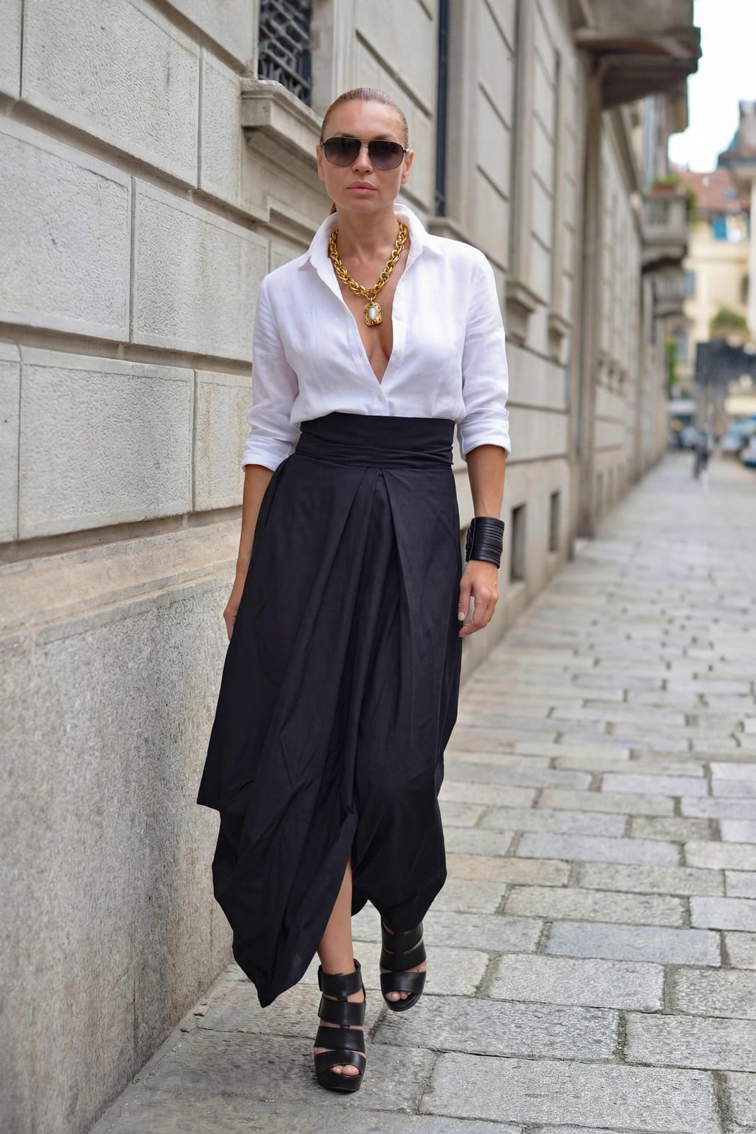 White Button-Down Shirt With Voluminous Black Maxi Skirt, Sunglasses — Elegant Black Maxi Skirt Outfit