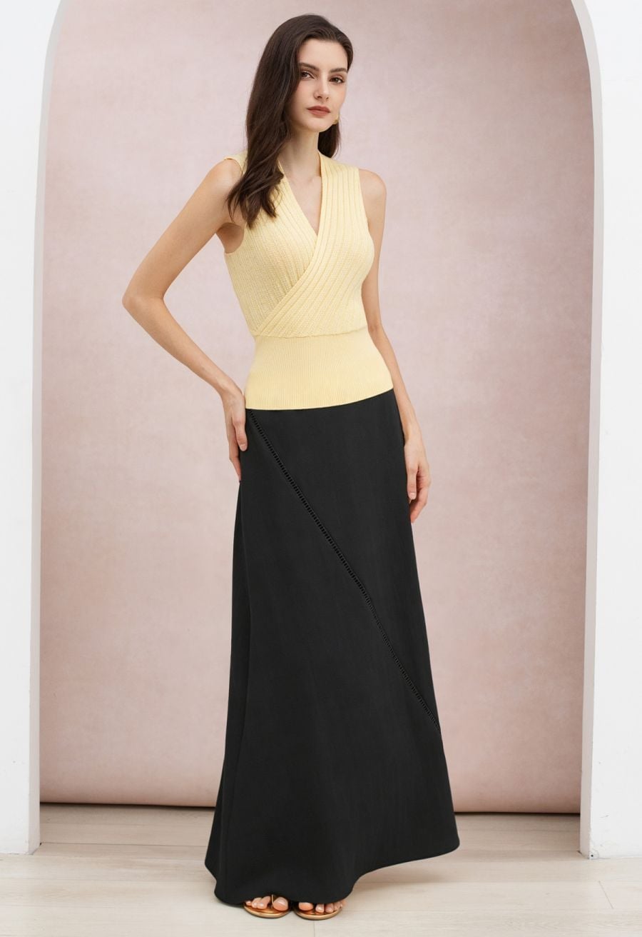 Yellow Wrap Top With Ladder-Lace Black Maxi Skirt — Elegant Black Maxi Skirt Outfit