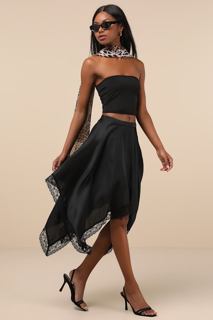 Handkerchief Midi Skirt With Bandeau Top Handkerchief Midi Skirt With Bandeau Top — Elegant Black Satin Skirt Outfit
