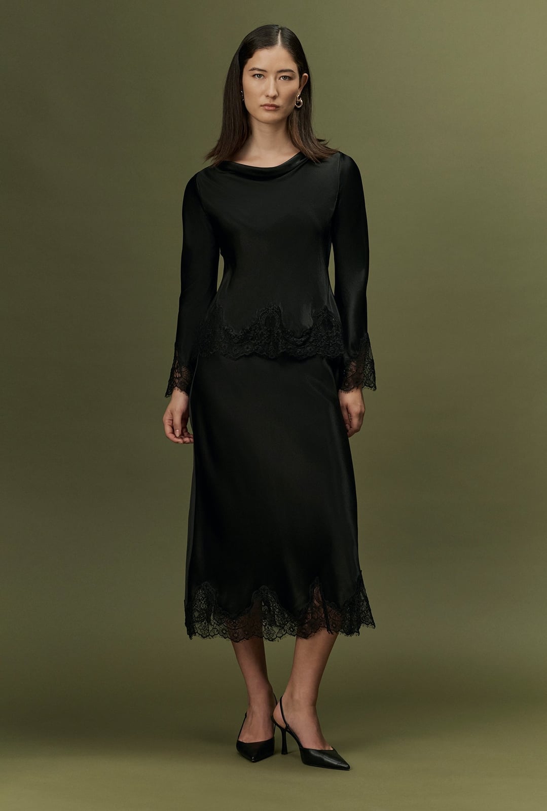 Lace Trim Satin Midi Skirt With Matching Top Lace Trim Satin Midi Skirt With Matching Top — Elegant Black Satin Skirt Outfit